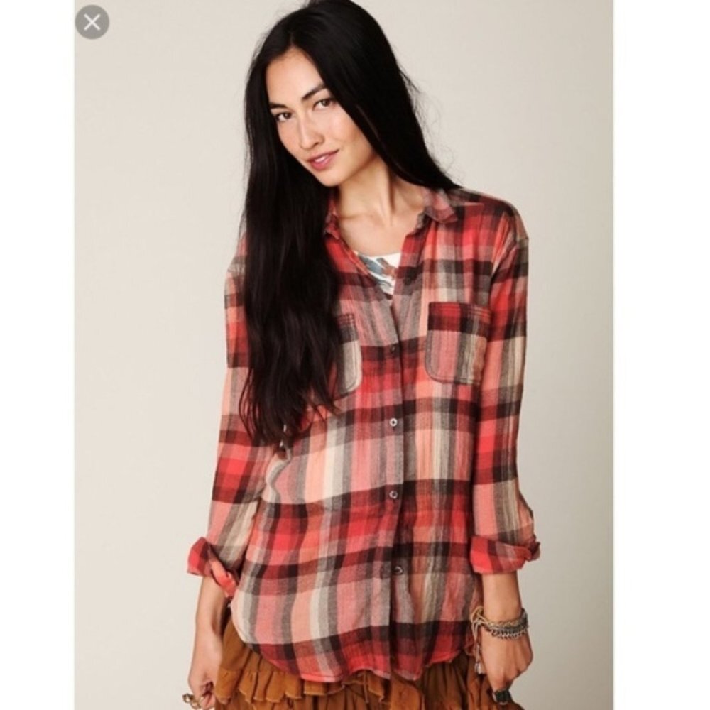 Free People Plaid Checked Lace Boho Button Shirt